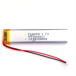 Аккумулятор 3.7v 950mAh 2pin + разъем (фишка) коннектор 552080 Li-Pol универсальная аккумуляторная батарея 5.5x20x80 2 провода - фото 178733
