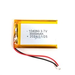 Аккумулятор 3.7v 3000mAh 10x40x60 2 провода 2pin / 104060 / 60мм на 40мм на 10мм - фото 180587