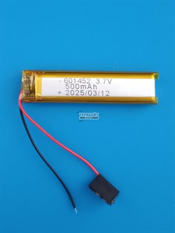 Аккумулятор 3.7v 500mAh 2 pin 2 провода 601452 Li-Pol универсальная аккумуляторная батарея 6x14x52 - фото 185634