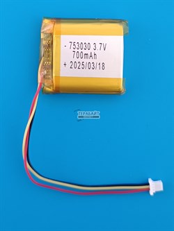 Аккумулятор 3.7v 700mAh 3 pin 3 провода + разъем (фишка) коннектор 753030 Li-Pol универсальная аккумуляторная батарея 7.5x30x30 - фото 185981