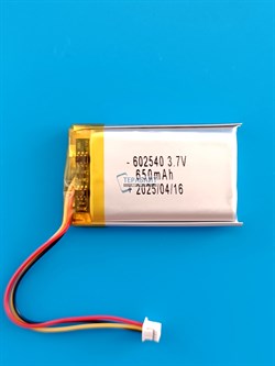 Аккумулятор 3.7v 650mAh 3pin + разъем (фишка) коннектор 602540 062540 Li-Pol универсальная аккумуляторная батарея 6x25x40 3 провода - фото 190311