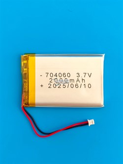 Аккумулятор 3.7v 2000mAh 2pin 2 провода + разъем (фишка) коннектор 704060 Li-Pol универсальная аккумуляторная батарея 7x40x60 - фото 192974