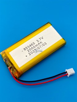 Аккумулятор 3.7v 2000mAh 2 pin 2 провода + разъем фишка (коннектор) 853465 Li-Pol универсальная аккумуляторная батарея 8.5x34х65 - фото 194159
