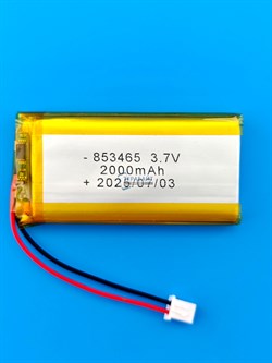 Аккумулятор 3.7v 2000mAh 2 pin 2 провода + разъем фишка (коннектор) 853465 Li-Pol универсальная аккумуляторная батарея 8.5x34х65 - фото 194160