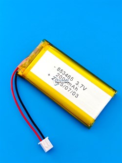 Аккумулятор 3.7v 2000mAh 2 pin 2 провода + разъем фишка (коннектор) 853465 Li-Pol универсальная аккумуляторная батарея 8.5x34х65 - фото 194161