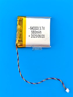 Аккумулятор 3.7v 560mAh 3pin 3 провода + разъем (фишка) коннектор 643333 Li-Pol универсальная аккумуляторная батарея 6.4x33x33 - фото 194269