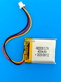 Аккумулятор 3.7v 400mAh 3pin 3 провода + разъем (фишка) коннектор 602530 Li-Pol универсальная аккумуляторная батарея 6x25x30 - фото 200596