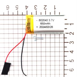 Аккумулятор универсальный 2 провода 3.7v 650mAh 8x20x40 Li-Pol батарея 802040 082040 - фото 202890