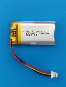 Аккумулятор универсальный литий полимерный li-pol 3.7v вольт 3pin 3 провода с платой + коннектор (разъем фишка) 450mAh 602035 размеры батареи 6х20х35 - фото 207968