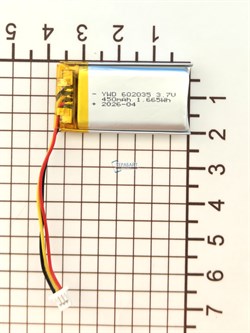 Аккумулятор универсальный литий полимерный li-pol 3.7v вольт 3pin 3 провода с платой + коннектор (разъем фишка) 450mAh 602035 размеры батареи 6х20х35 - фото 207972