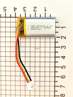Аккумулятор универсальный литий полимерный li-pol 3.7v вольт 3pin 3 провода с платой + коннектор (разъем фишка) 450mAh 602035 размеры батареи 6х20х35 - фото 207988