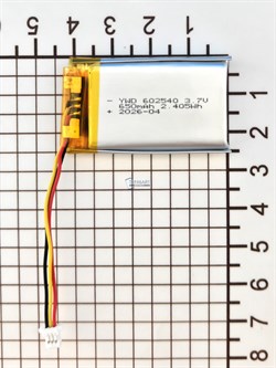 Аккумулятор универсальный литий полимерный li-pol 3.7v вольт 3pin 3 провода с платой + коннектор (разъем фишка) 650mAh 602540 размеры батареи 6х25х40 - фото 208010
