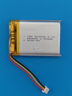 Аккумулятор универсальный литий полимерный li-pol 3.7v вольт 3pin 3 провода с платой + коннектор (разъем фишка) 680mAh 603040 размеры батареи 6х30х40 - фото 208057