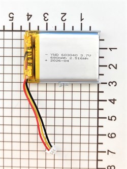 Аккумулятор универсальный литий полимерный li-pol 3.7v вольт 3pin 3 провода с платой + коннектор (разъем фишка) 680mAh 603040 размеры батареи 6х30х40 - фото 208061