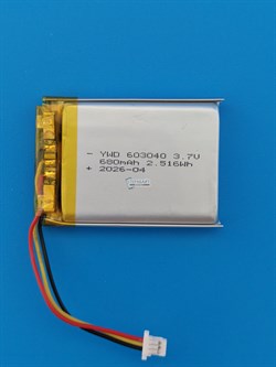 Аккумулятор универсальный литий полимерный li-pol 3.7v вольт 3pin 3 провода с платой + коннектор (разъем фишка) 680mAh 603040 размеры батареи 6х30х40 - фото 208099