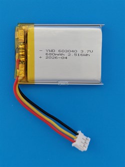 Аккумулятор универсальный литий полимерный li-pol 3.7v вольт 3pin 3 провода с платой + коннектор (разъем фишка) 680mAh 603040 размеры батареи 6х30х40 - фото 208125