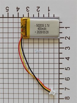 Аккумулятор универсальный литий полимерный li-pol 3.7v вольт 3pin 3 провода с платой + коннектор (разъем фишка) 400mAh 502035 размеры батареи 5x20x35 - фото 208332