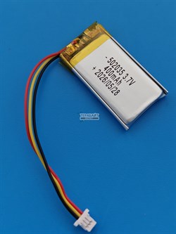 Аккумулятор универсальный литий полимерный li-pol 3.7v вольт 3pin 3 провода с платой + коннектор (разъем фишка) 400mAh 502035 размеры батареи 5x20x35 - фото 208336