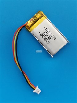 Аккумулятор универсальный литий полимерный li-pol 3.7v вольт 3pin 3 провода с платой + коннектор (разъем фишка) 400mAh 502035 размеры батареи 5x20x35 - фото 208337