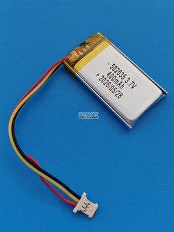 Аккумулятор универсальный литий полимерный li-pol 3.7v вольт 3pin 3 провода с платой + коннектор (разъем фишка) 400mAh 502035 размеры батареи 5x20x35 - фото 208359