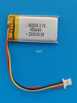 Аккумулятор универсальный литий полимерный li-pol 3.7v вольт 3pin 3 провода с платой + коннектор (разъем фишка) 400mAh 502035 размеры батареи 5x20x35 - фото 208361
