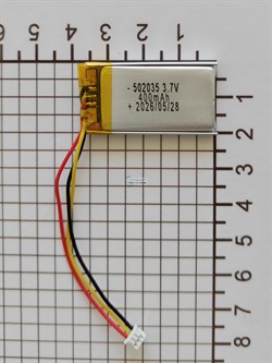 Аккумулятор универсальный литий полимерный li-pol 3.7v вольт 3pin 3 провода с платой + коннектор (разъем фишка) 400mAh 502035 размеры батареи 5x20x35 - фото 208394