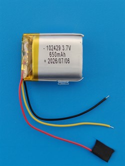 Аккумулятор универсальный литий полимерный li-pol 3.7v вольт 3pin 3 провода с платой 650mAh 102429 размеры батареи 10x24x29 - фото 208500