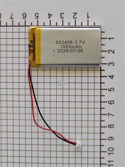 Аккумулятор универсальный литий полимерный li-pol 3.7v вольт 2pin 2 провода с платой + коннектор (разъем фишка) 1000mAh 503456 размеры батареи 5х34х56 - фото 208513