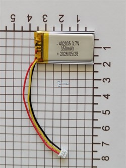 Аккумулятор универсальный литий полимерный li-pol 3.7v вольт 3pin 3 провода с платой + коннектор (разъем фишка) 350mAh 402035 размеры батареи 4x20x35 - фото 209170