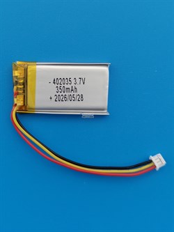 Аккумулятор универсальный литий полимерный li-pol 3.7v вольт 3pin 3 провода с платой + коннектор (разъем фишка) 350mAh 402035 размеры батареи 4x20x35 - фото 209173