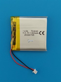 Аккумулятор универсальный литий полимерный li-pol 3.7v вольт 2pin 2 провода с платой + разъем (фишка) коннектор 1300mAh 704040 074040 размеры батареи 7x40x40 - фото 209429