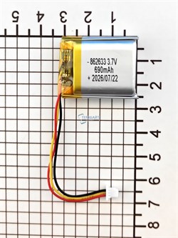 Аккумулятор универсальный литий полимерный li-pol 3.7v вольт 3pin 3 провода с платой + разъем (фишка) коннектор 690mAh 862633 размеры батареи 8.6x26x33 - фото 209448