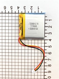 Аккумулятор универсальный литий полимерный li-pol 3.7v вольт 3pin 3 провода с платой + разъем (фишка) коннектор 1100mAh 723938 размеры батареи 7.2x39x38 - фото 209471